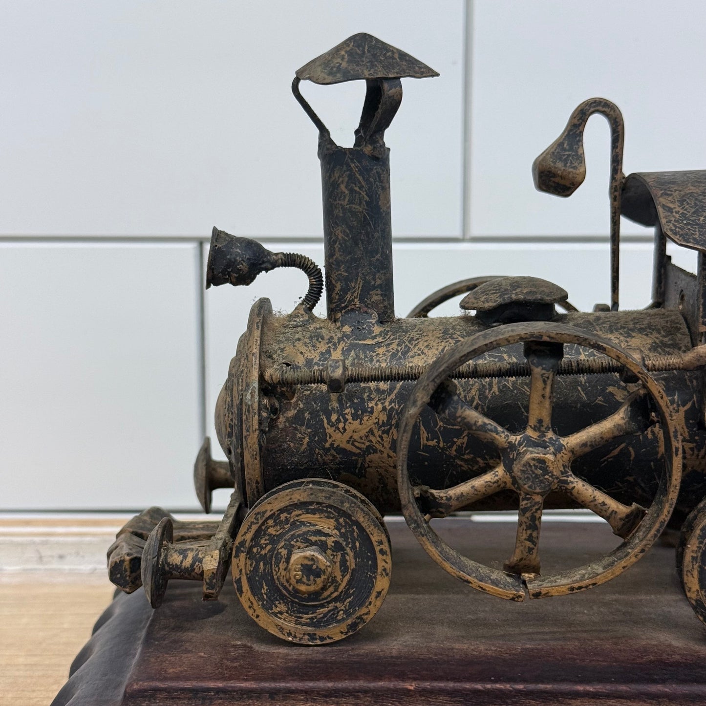 Steam Locomotive Metal Sculpture on Carved Wood Base