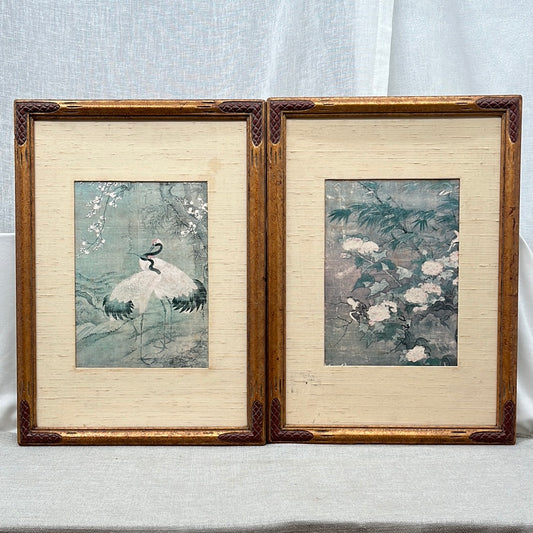 Japanese Cranes Bamboo Framed Fine Art Paper Prints, Set of 2