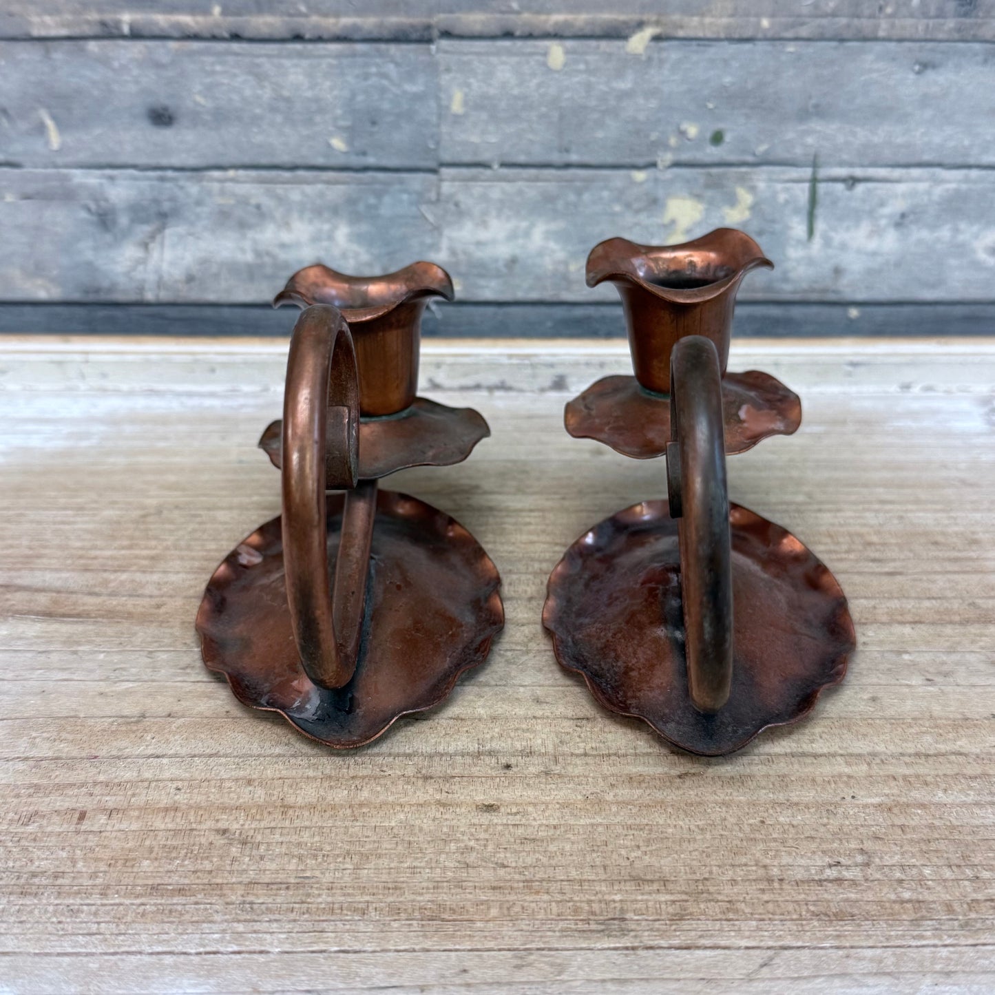 Gregorian Copper Arts & Crafts Candlestick Holders, Set of 2
