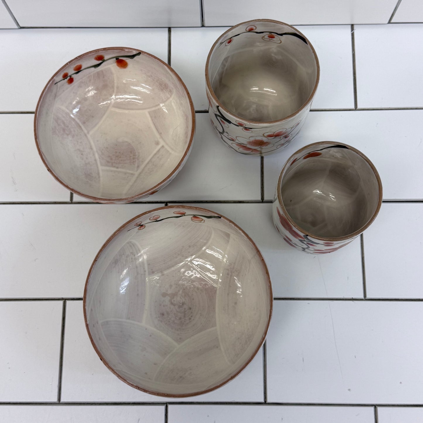 Japanese Kiyomizu-yaki Plum Blossom Bowls & Cups Set of 4