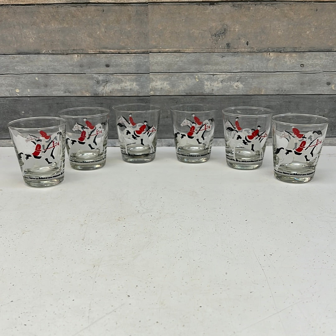 Vintage Libbey Equestrian Barware Low Ball Rocks Glasses, Set of 6 1970s