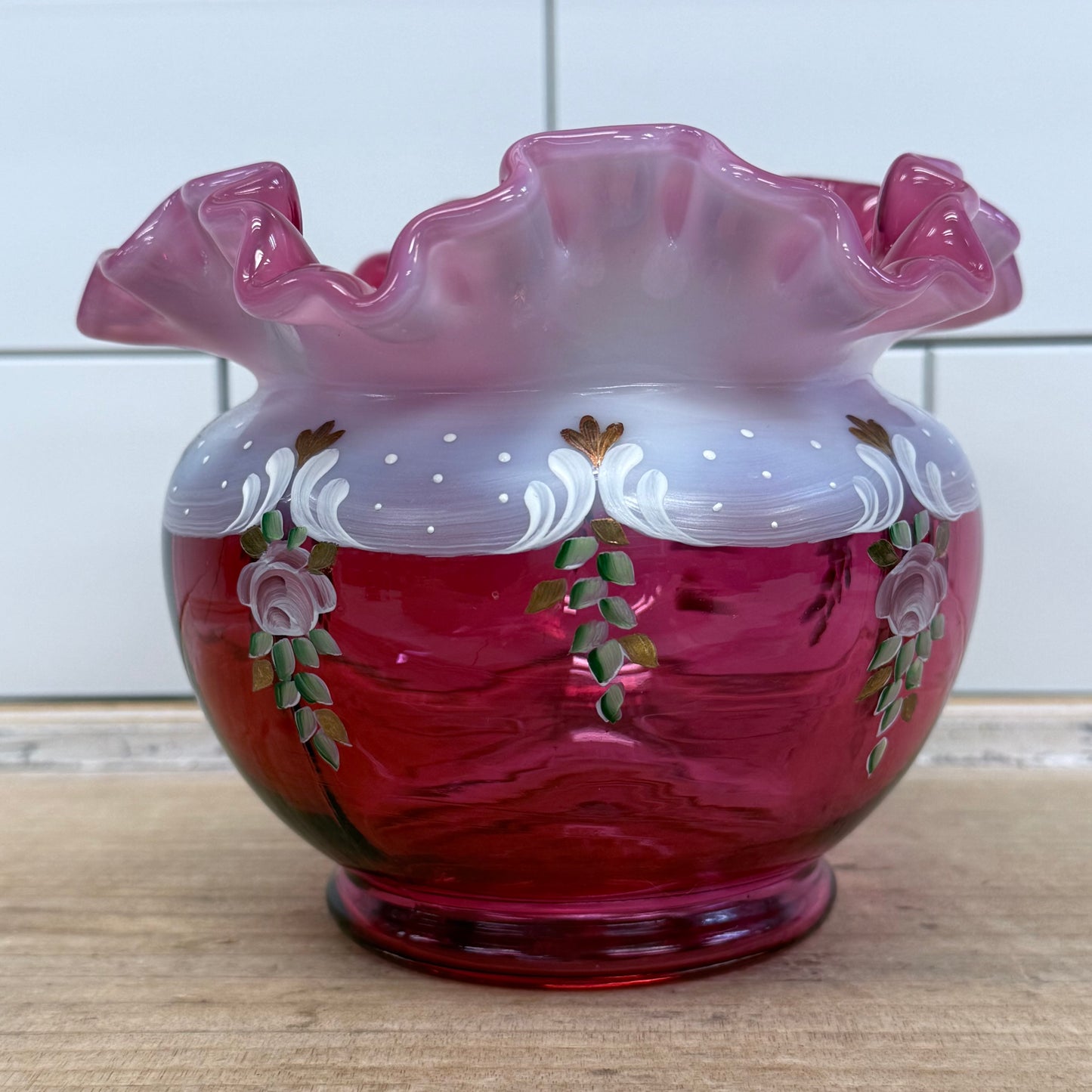 Fenton Charleton Collection Cranberry Rose Bowl Signed 2002