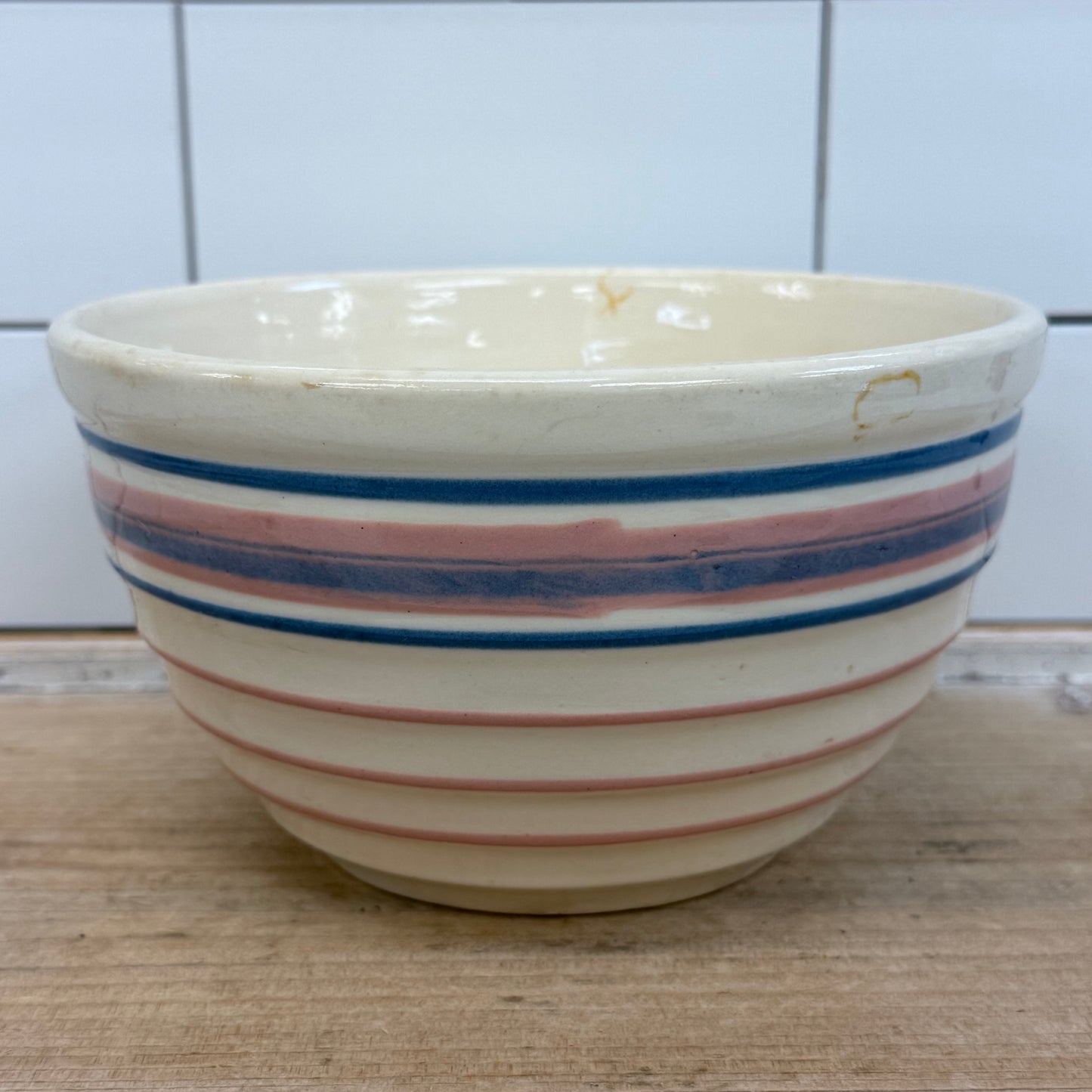American Pink & Blue Band Stoneware Mixing Bowl 1930s