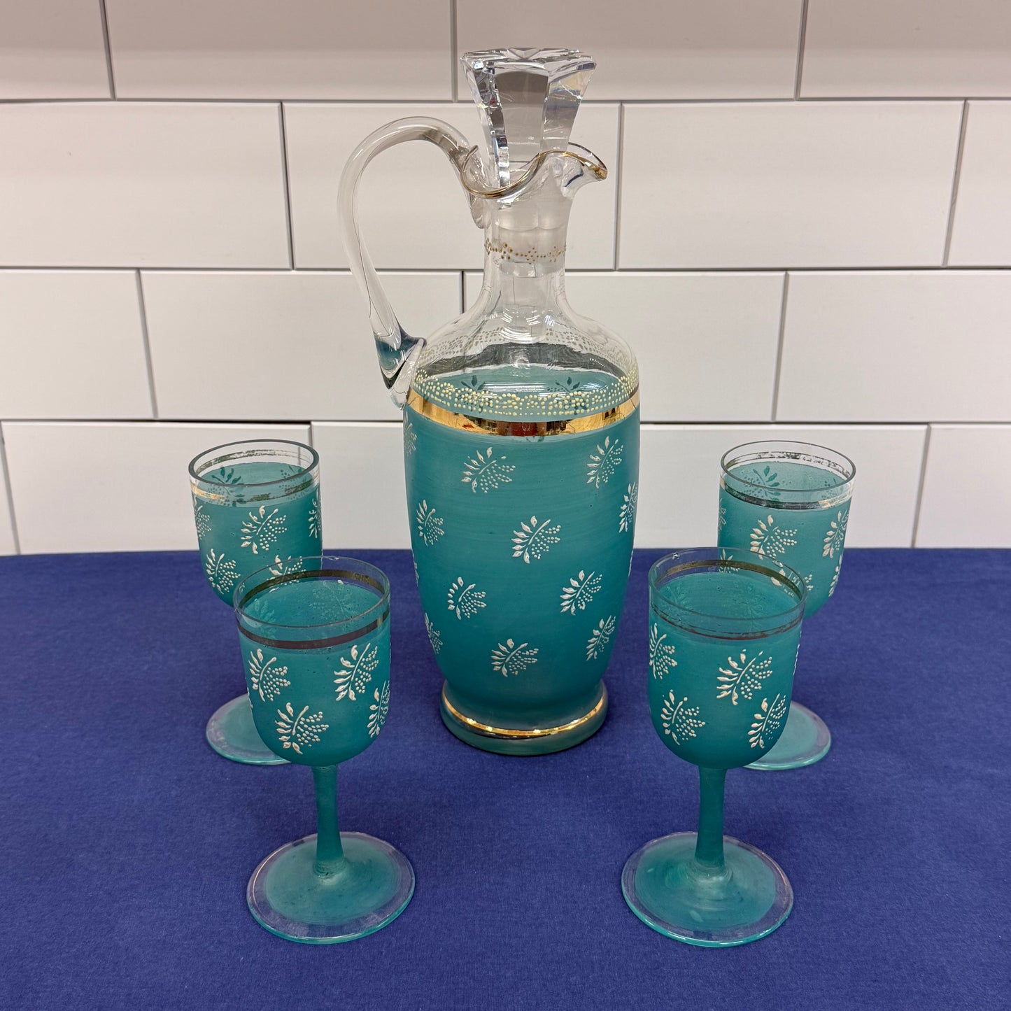 Frosted Glass Decanter & Cordial Set Mid-Century Drinkware