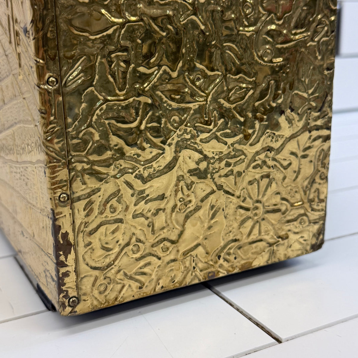 Vintage Embossed Brass & Wood Magazine Rack Old World Scene