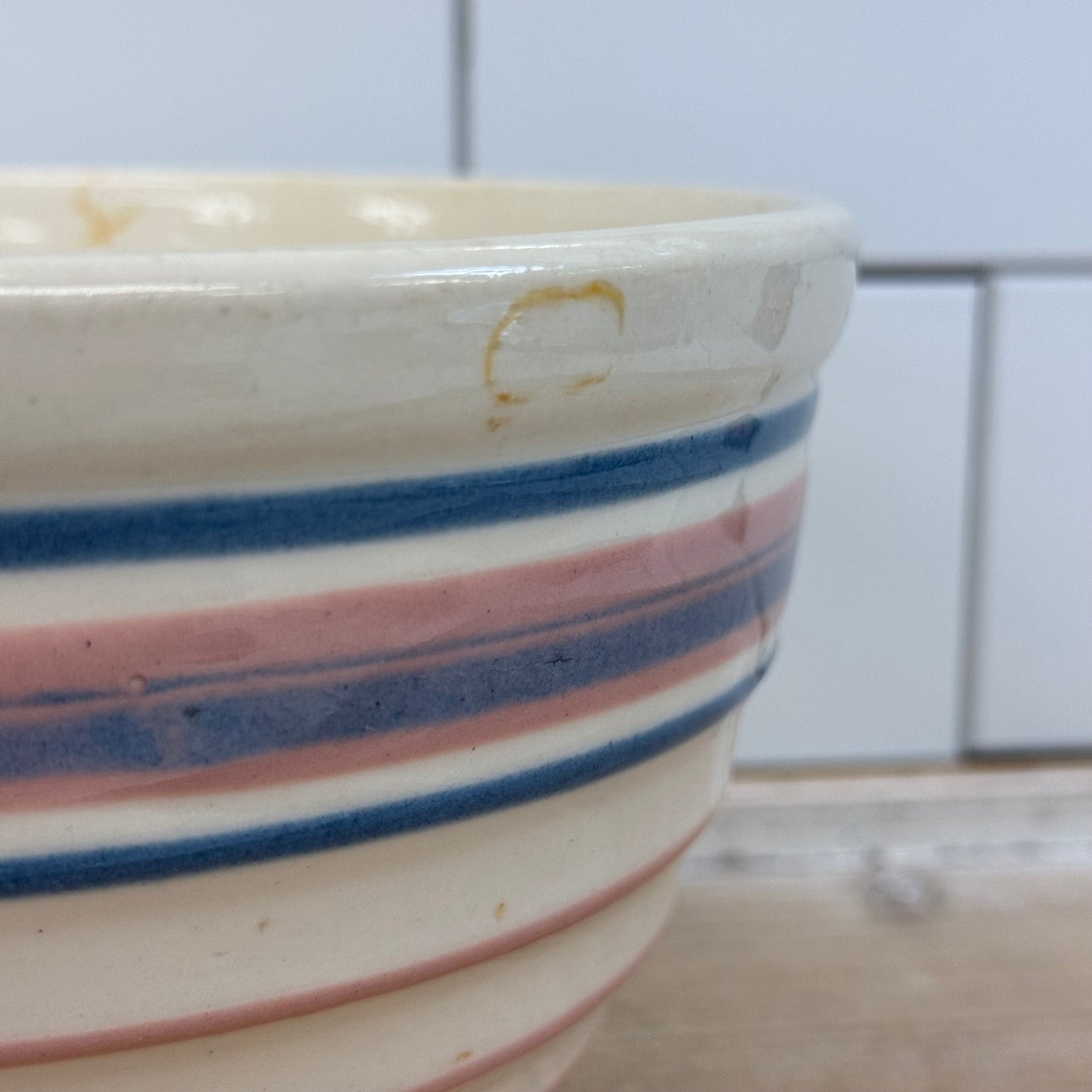 American Pink & Blue Band Stoneware Mixing Bowl 1930s