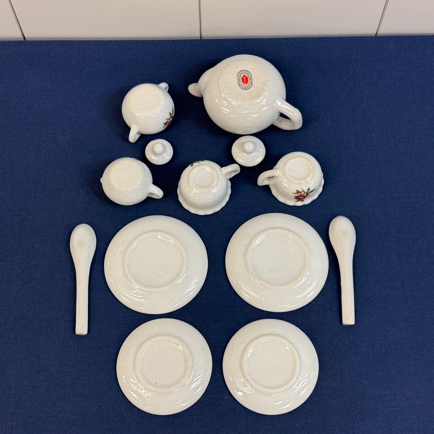 Delton Rose Child’s Porcelain Tea Set in Wicker Basket 1990s