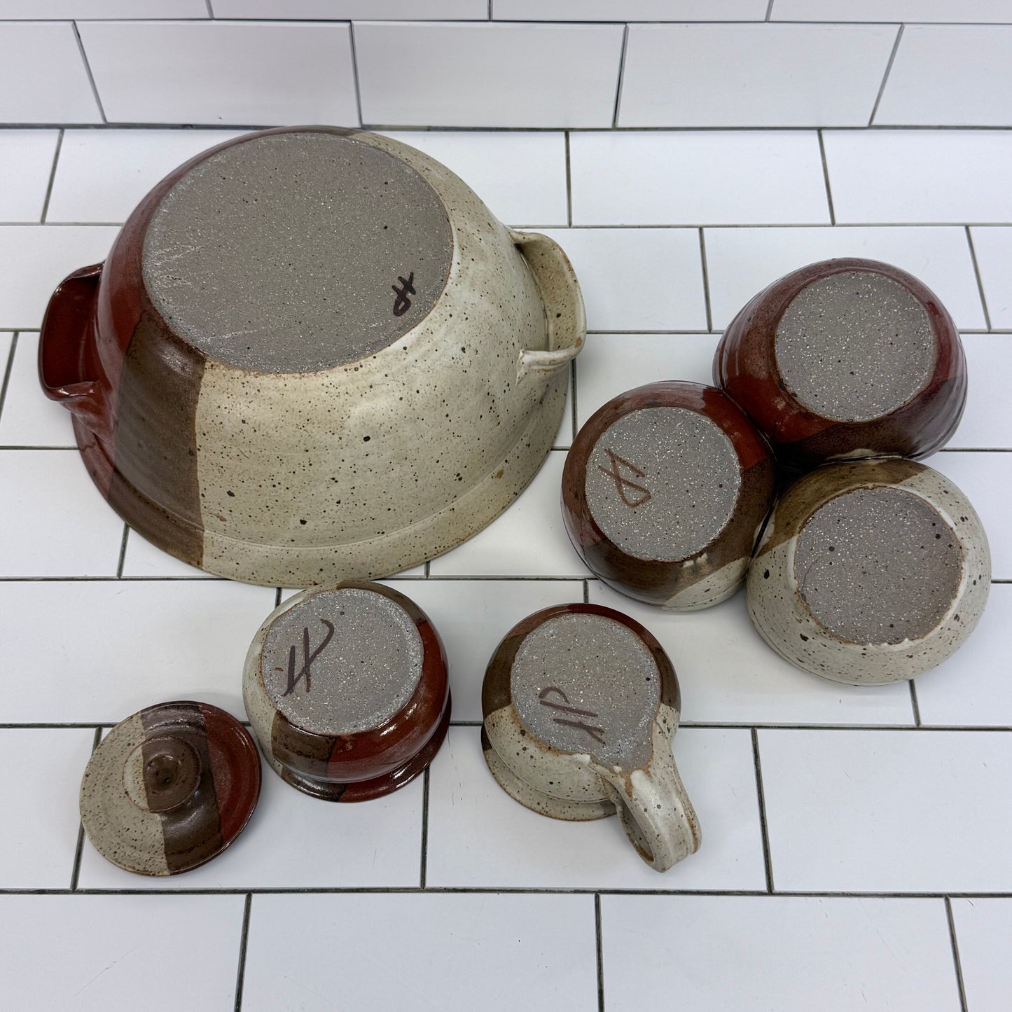 Studio Pottery Stoneware Set Burgundy & Beige Lot of 4