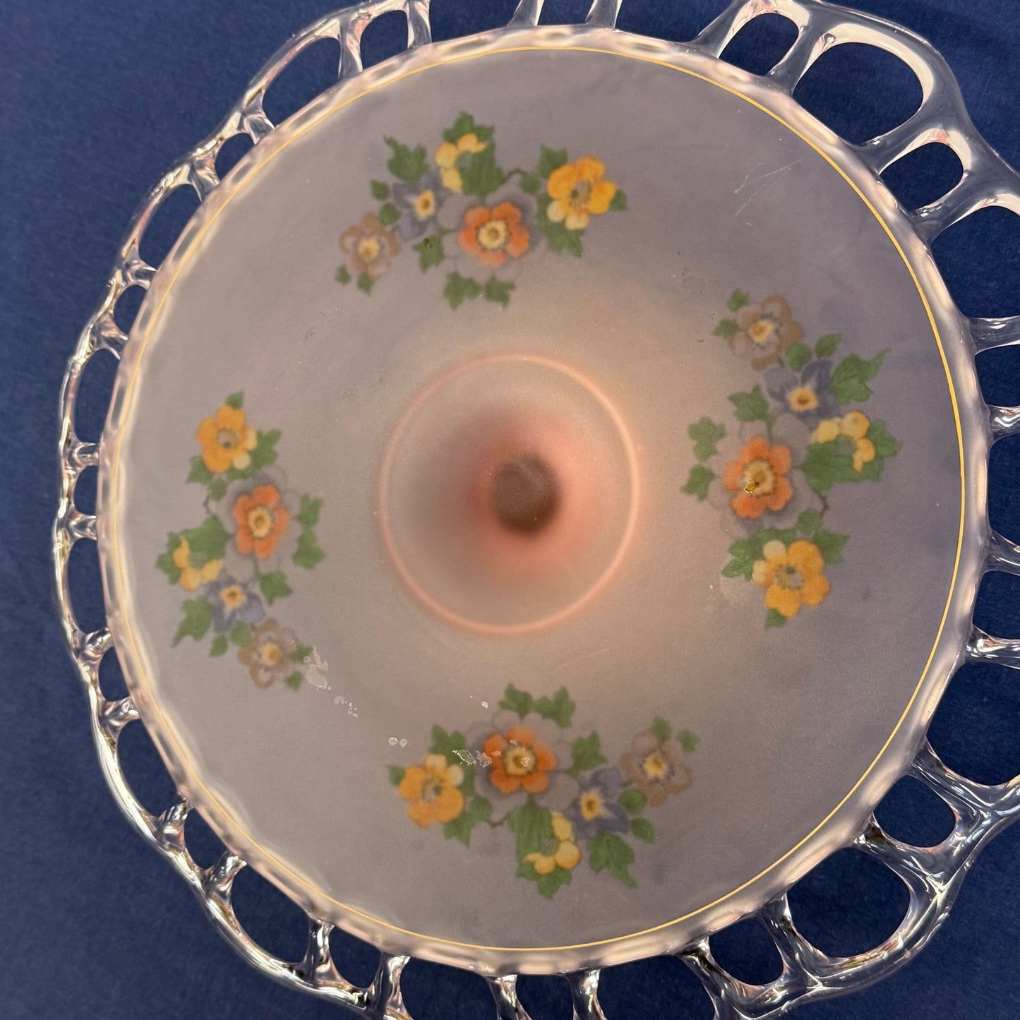 Pink Frosted Glass Floral Openwork Handled Serving Plate