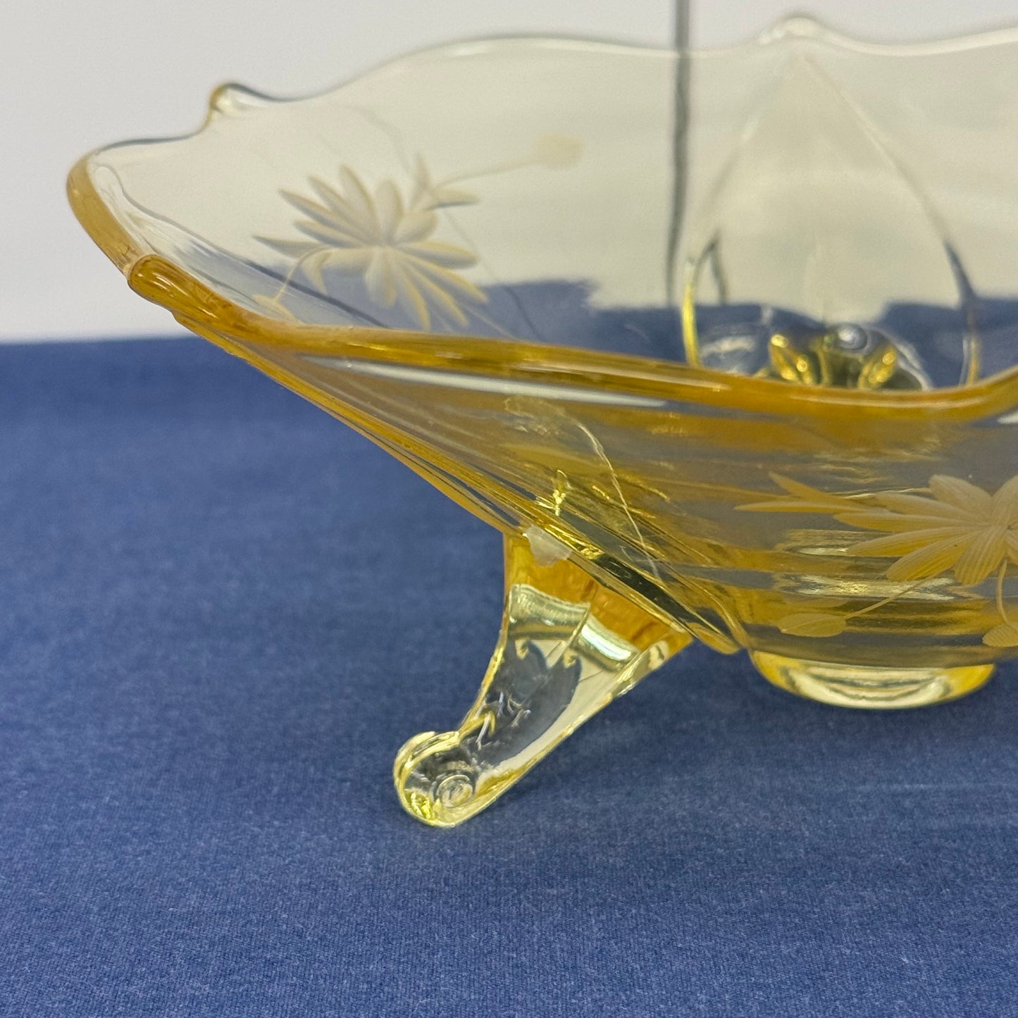 Lancaster Jubilee Amber Etched Floral Tripod Glass Bowl 1930s