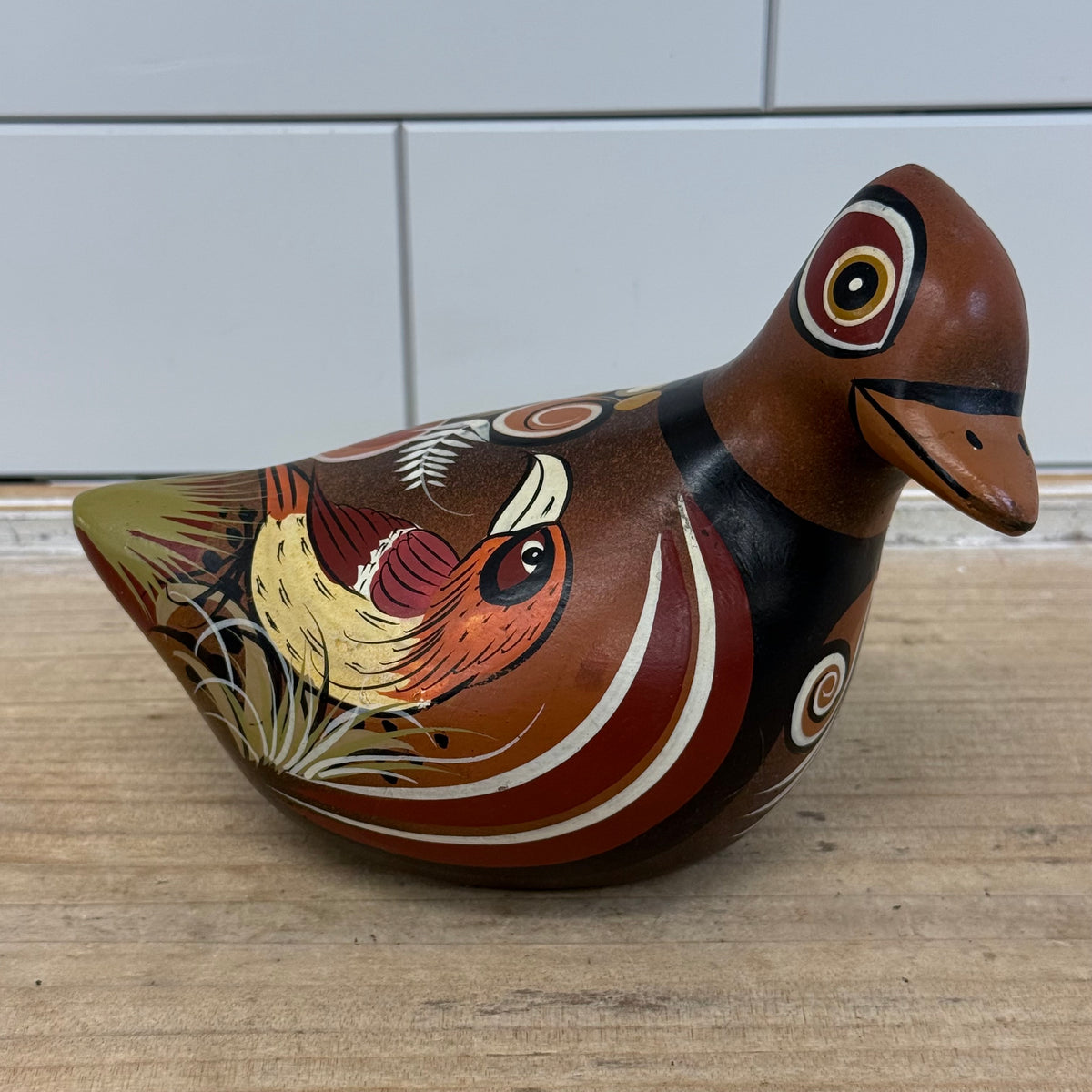 Vintage Mexican Folk Art Hand Painted Pottery Pheasant Bird