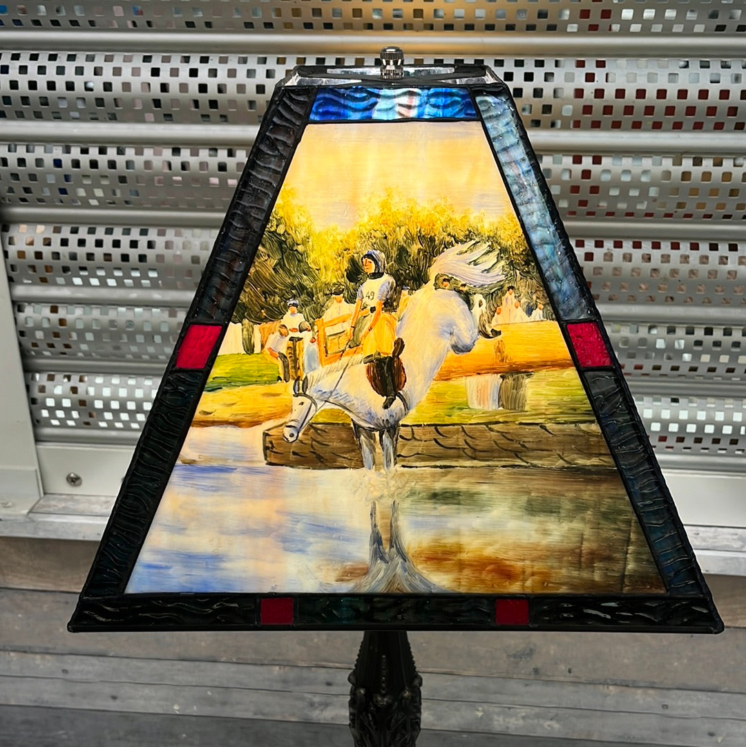 Vintage Leaded Hand painted Slag Glass Lamp, Equestrian Themed