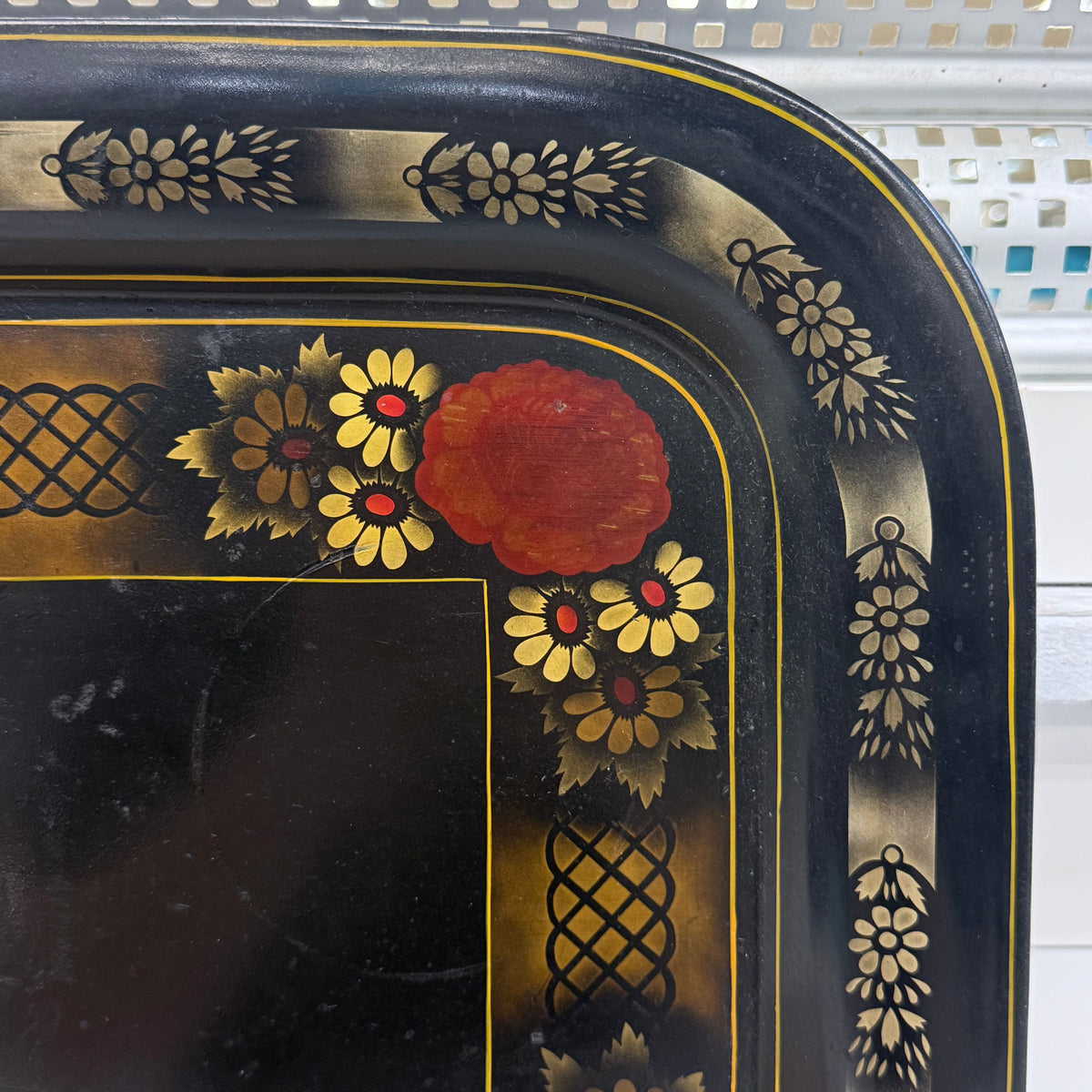Floral Stenciled Tin Tray Black Gold Toleware Vintage 1970s