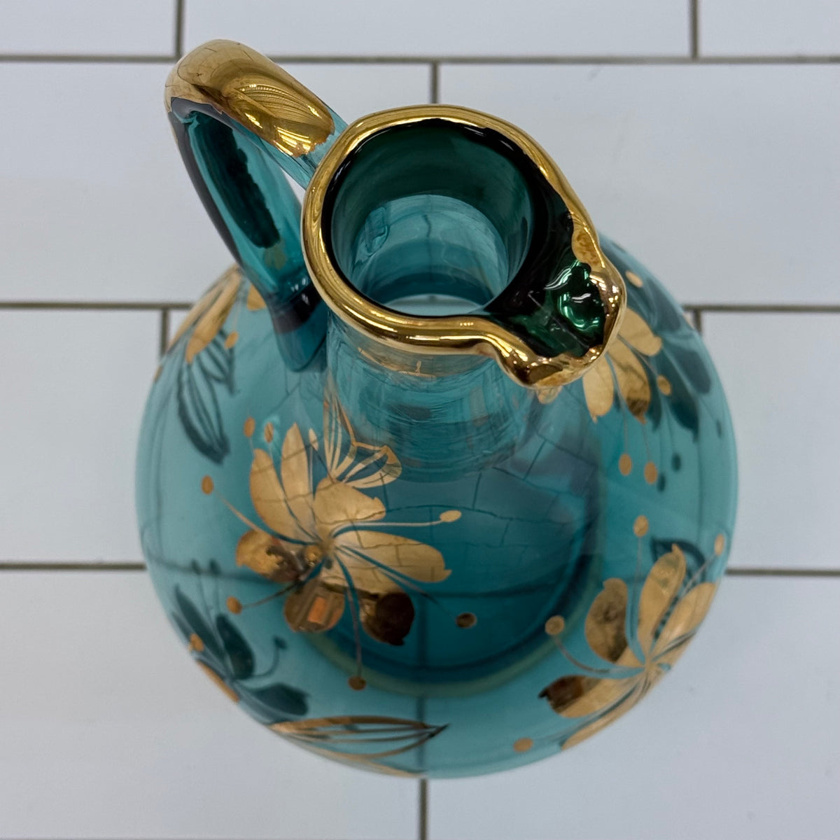 Italian Blue Glass Decanter & 6 Goblets Gold Floral Set