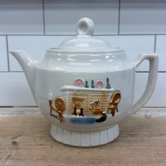 Porcelier Colonial Hearth Scene Vitreous China Teapot 1950s