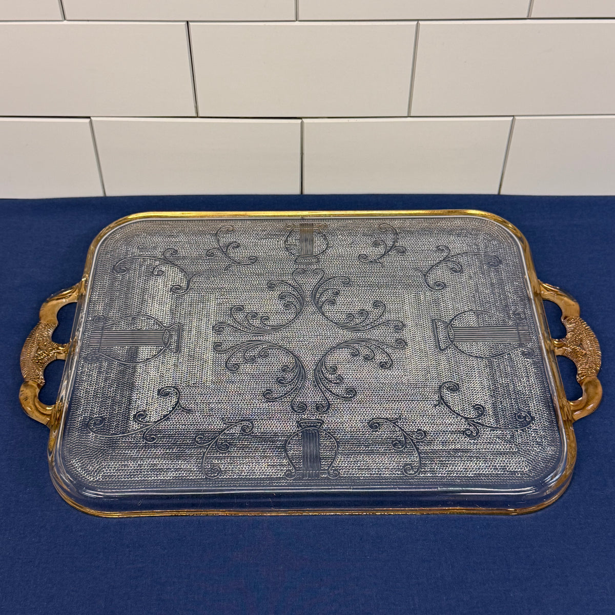 Jeannette Harp Lyre Serving Tray Gold-Trimmed Glass 1950s