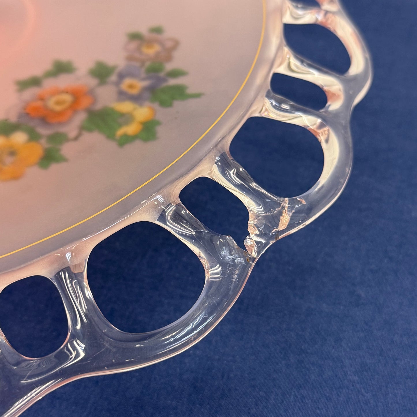 Pink Frosted Glass Floral Openwork Handled Serving Plate
