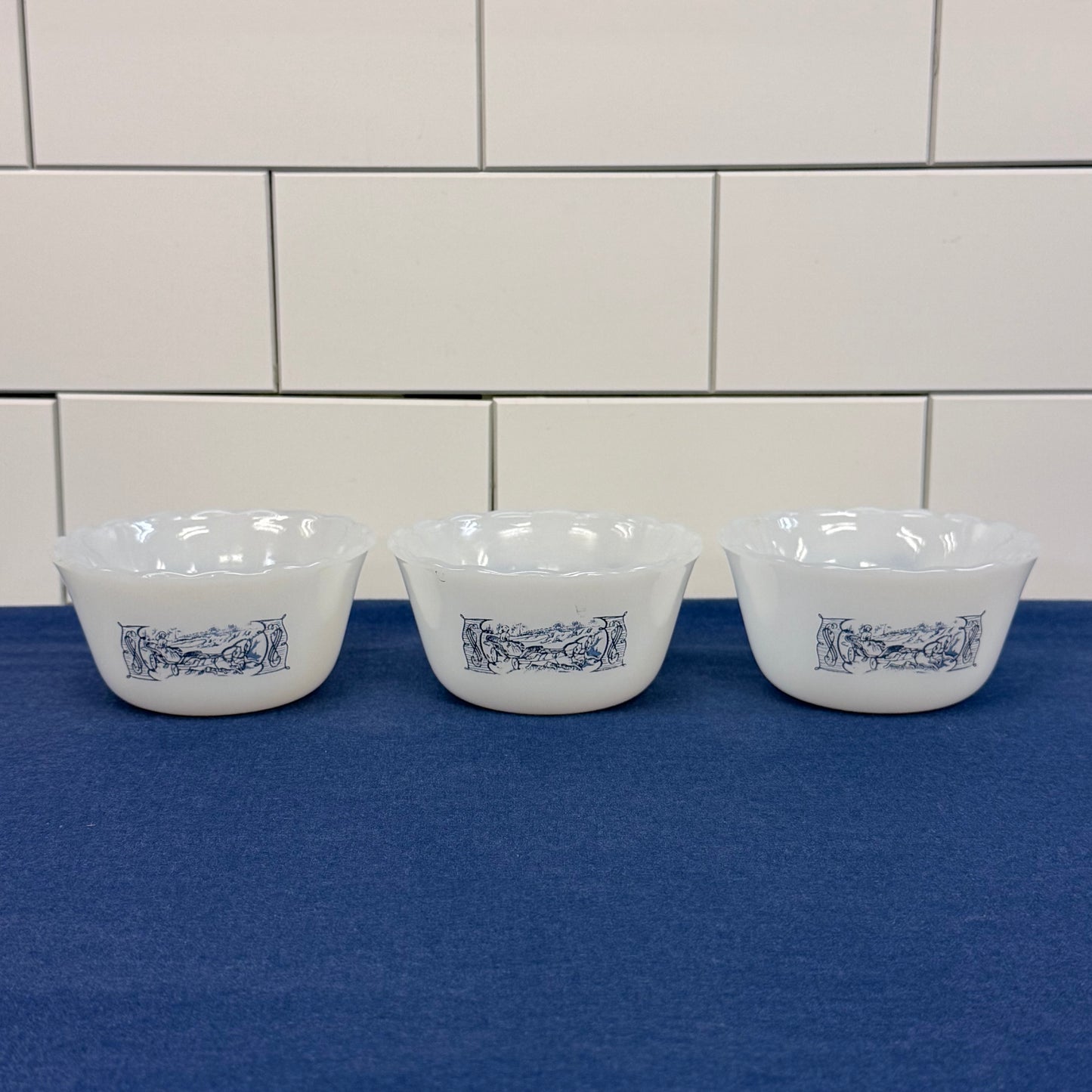 Currier & Ives Milk Glass Custard Cups Ramekins Set of 3, 1970s