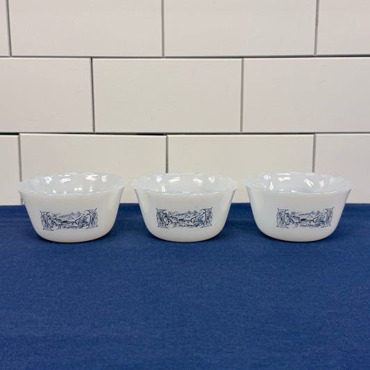 Currier & Ives Milk Glass Custard Cups Ramekins Set of 3, 1970s