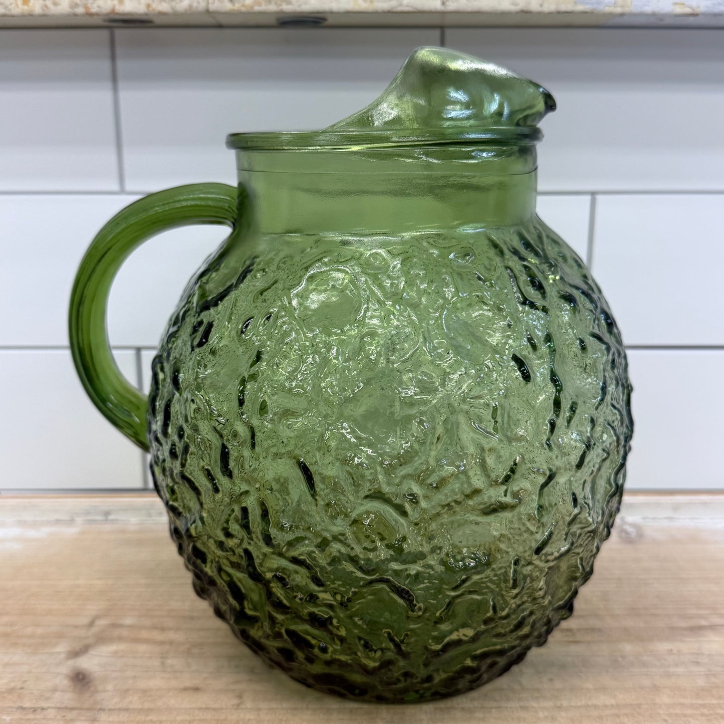 Anchor Hocking Lido Milano Avocado Green Glass Pitcher 1970s