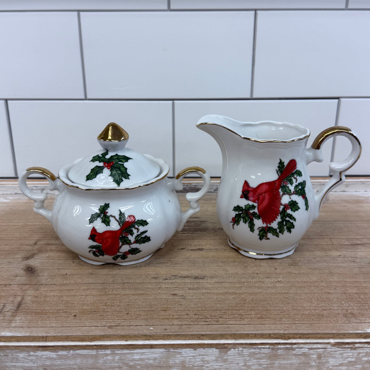 Lefton Cardinal Holly Creamer & Sugar Bowl Christmas