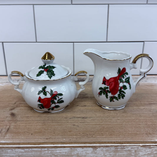 Lefton Cardinal Holly Creamer & Sugar Bowl Christmas