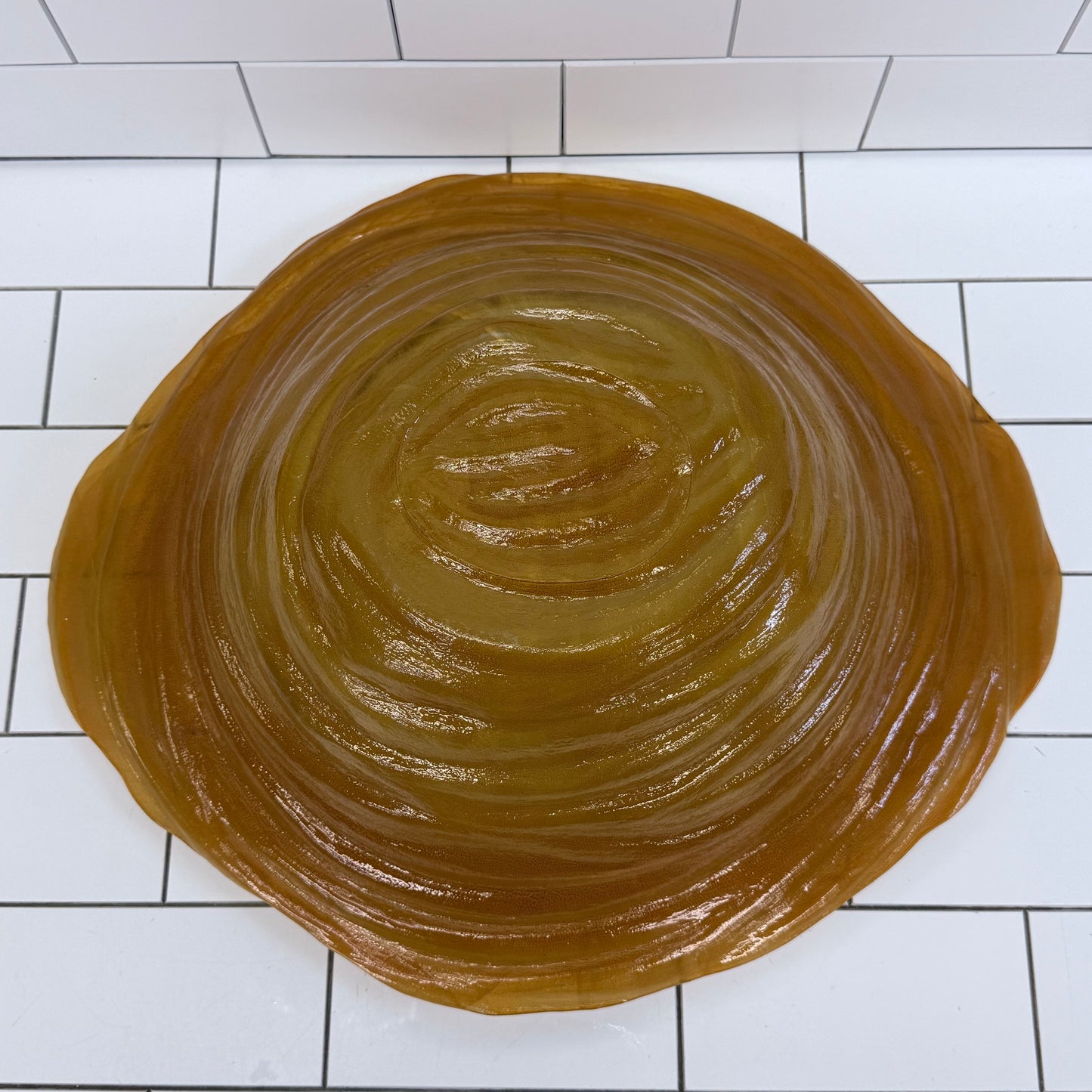 Hand Blown Studio Art Glass Centerpiece Bowl Amber Swirl