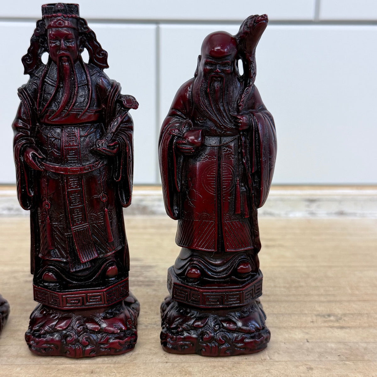 Vintage Chinese Fu Lu Shou Three Star Gods Red Resin Figurines