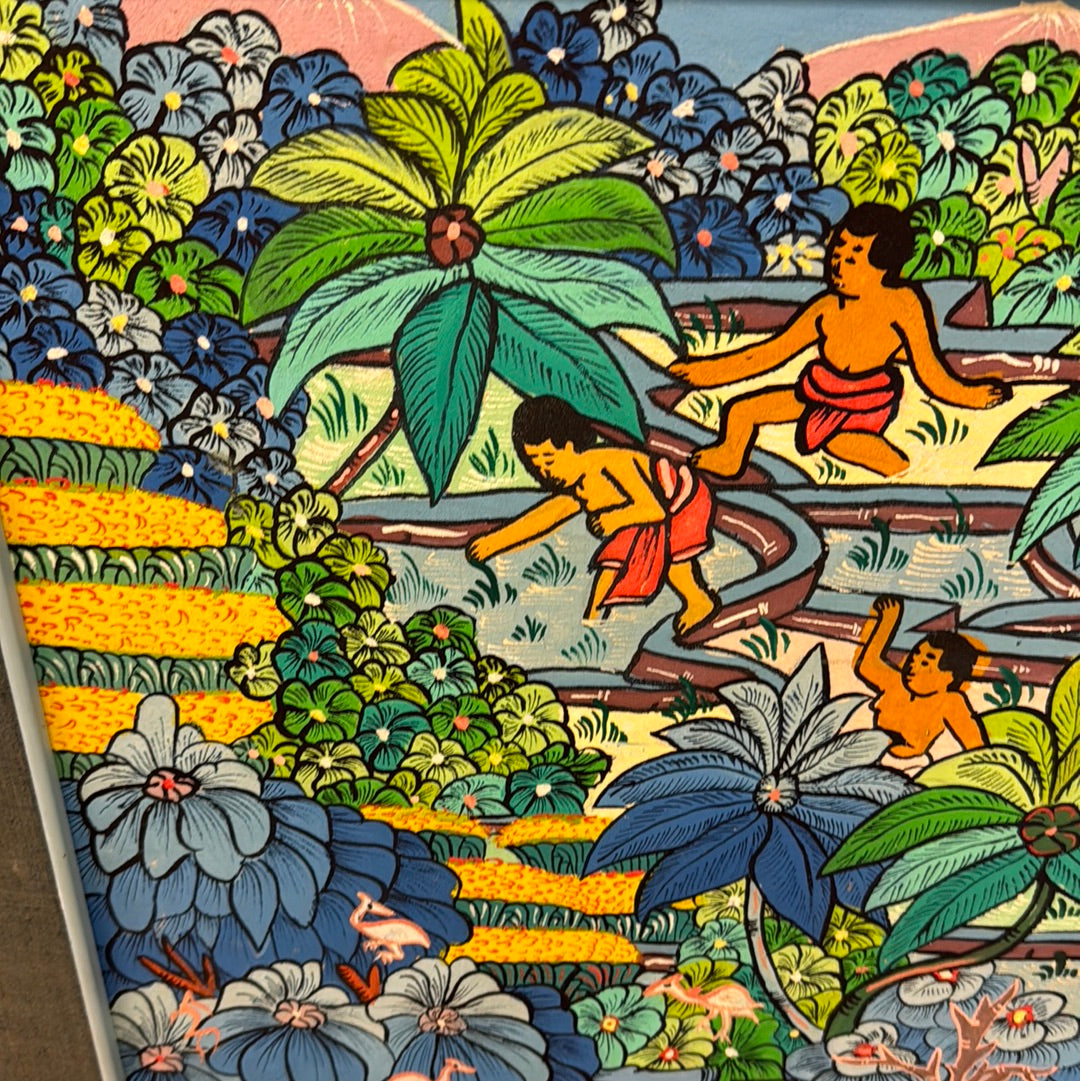 Vintage Balinese Painting 'Market Life' with Artist Signature