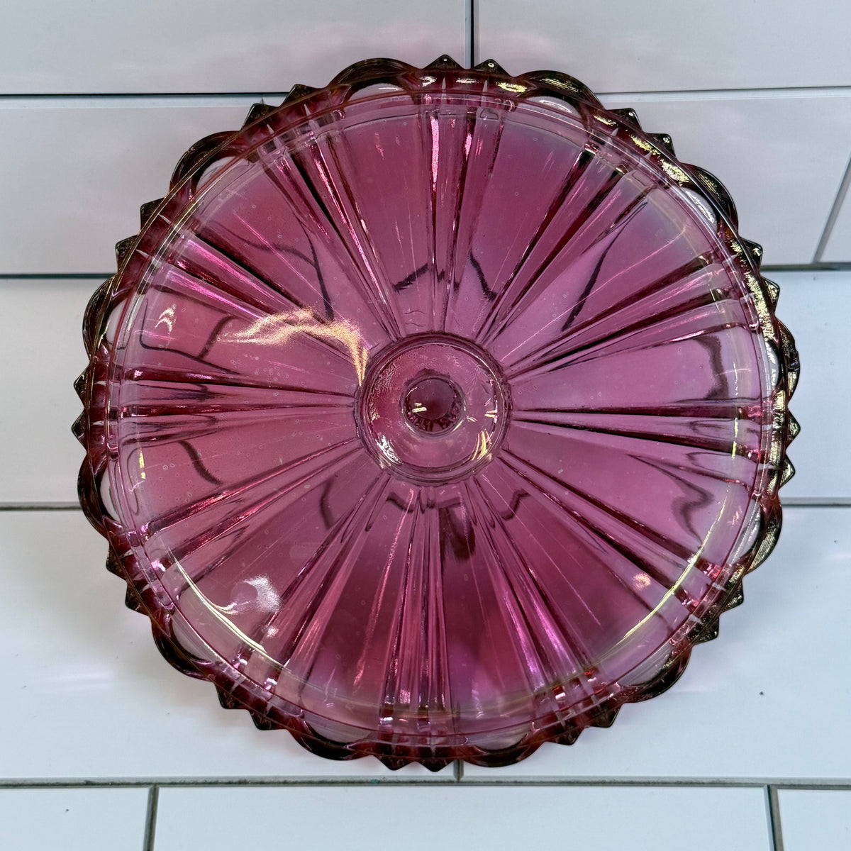 Vintage Cranberry Pink Clear Pressed Glass Covered Candy Dish