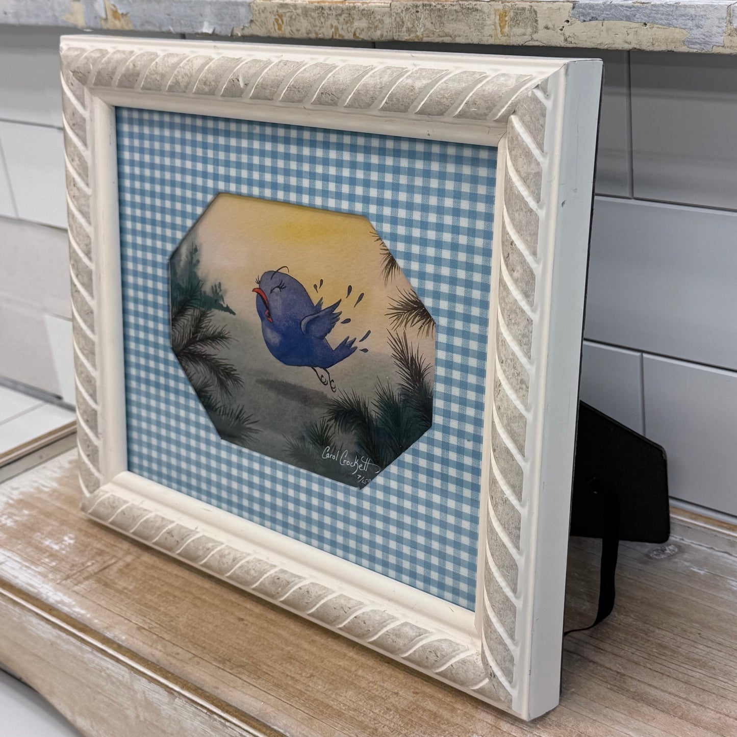 Carol Crockett Signed Art Print Blue Bird Farmhouse Decor 1990s