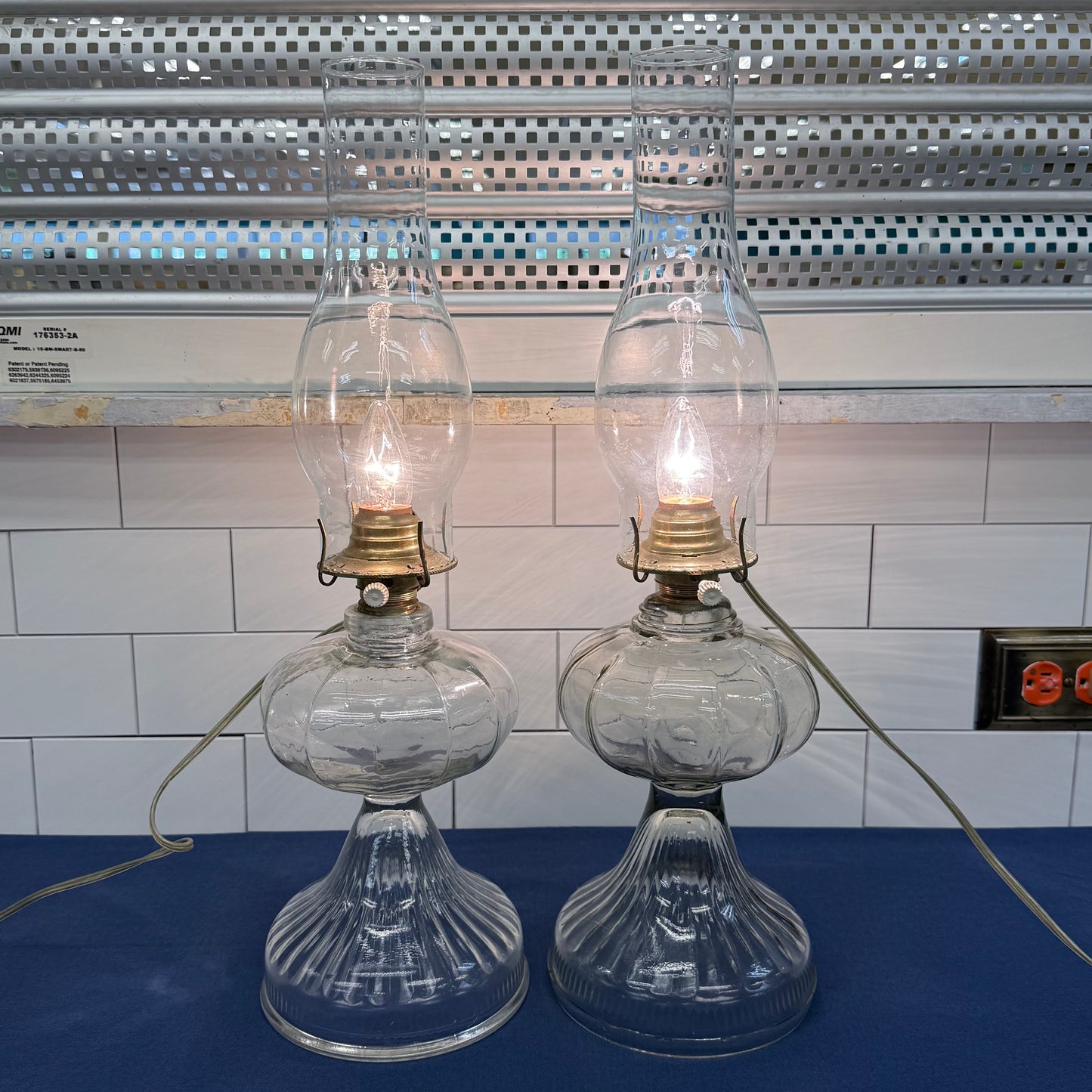 Electrified Glass Oil Hurricane Lamps with Chimneys Set of 2