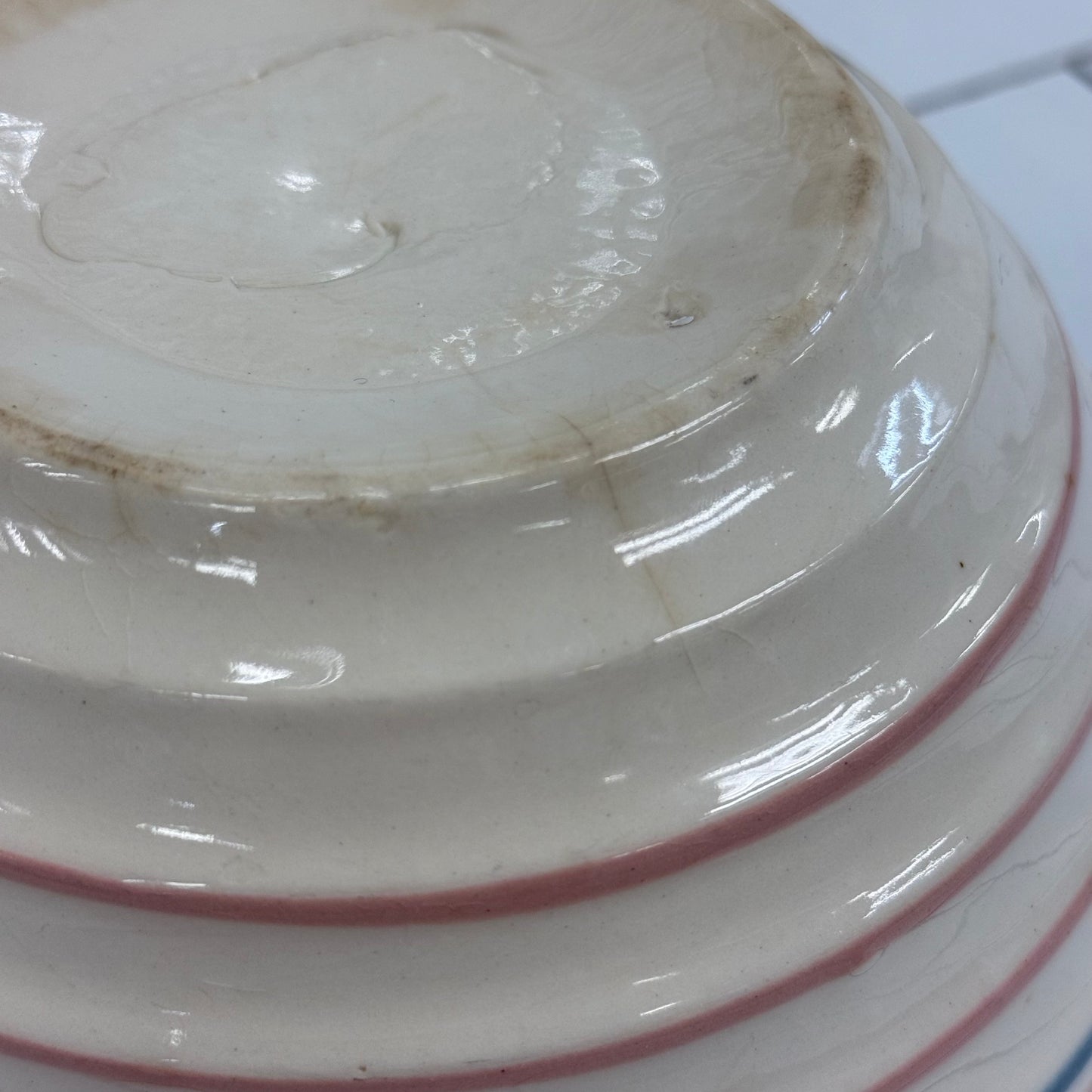 American Pink & Blue Band Stoneware Mixing Bowl 1930s