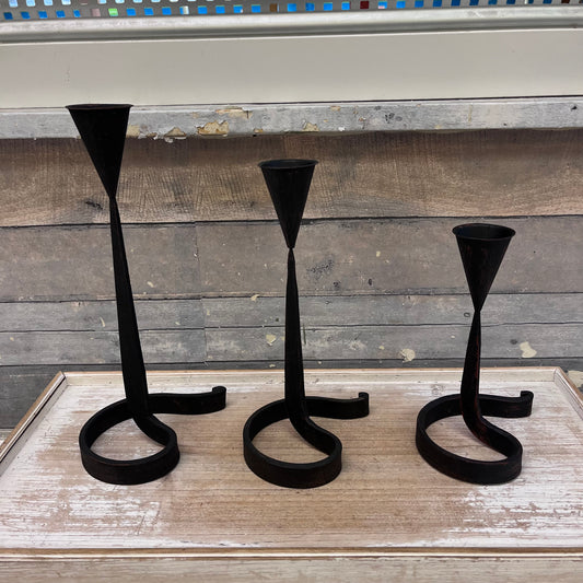 Danish Wrought Iron Curved Candlestick Holders, Set of 3