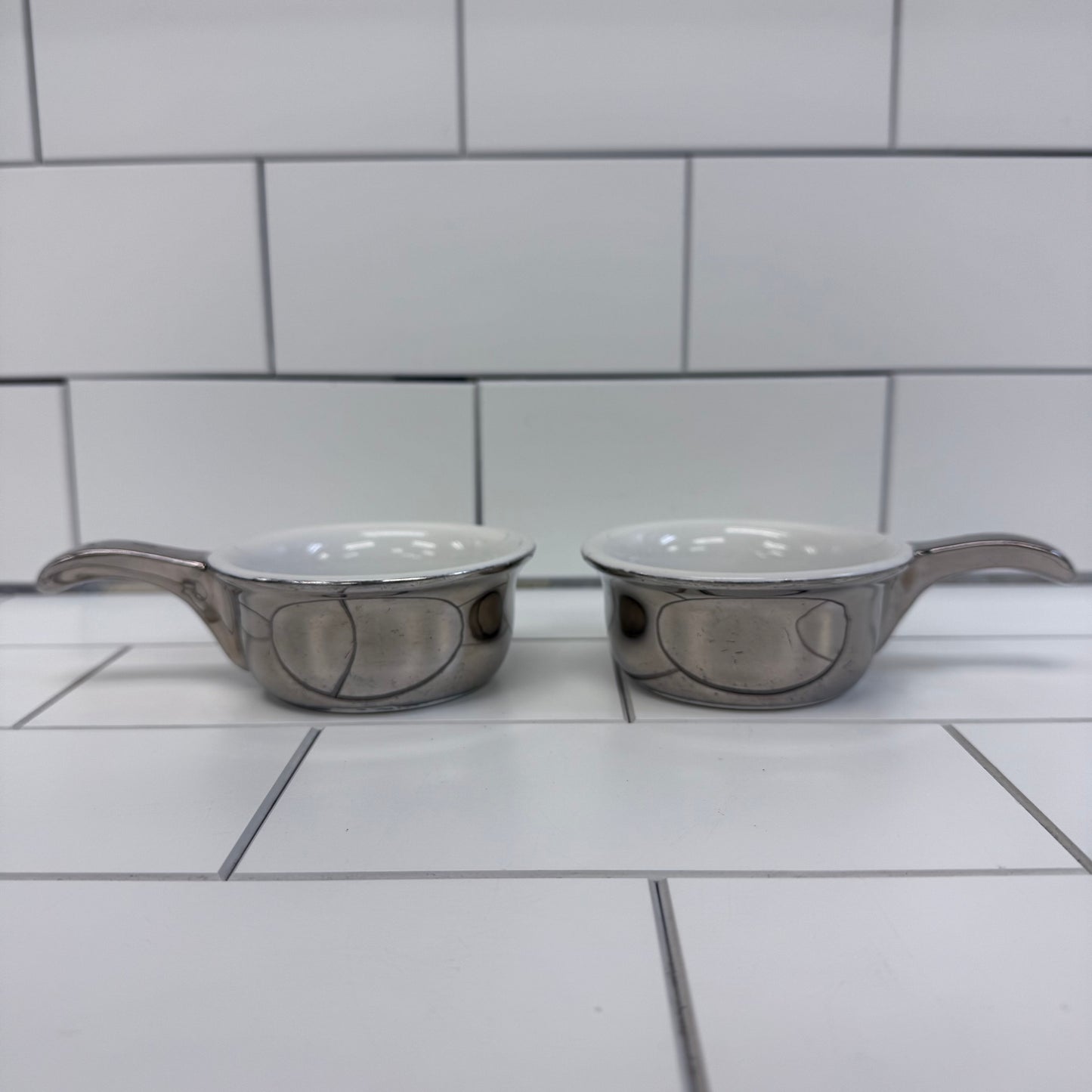 Royal Worcester Cocottes True Silver Lustre, Porcelain Set of 2