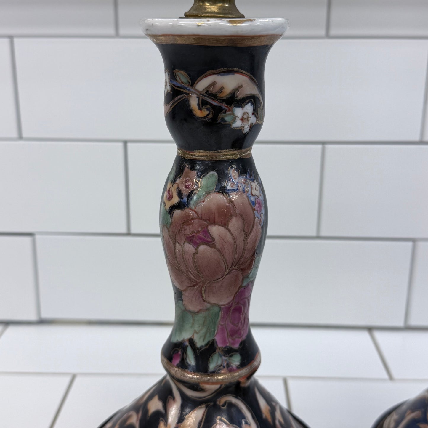 Chinoiserie Gilded Porcelain Accent Lamps Set of 2 Blue Floral