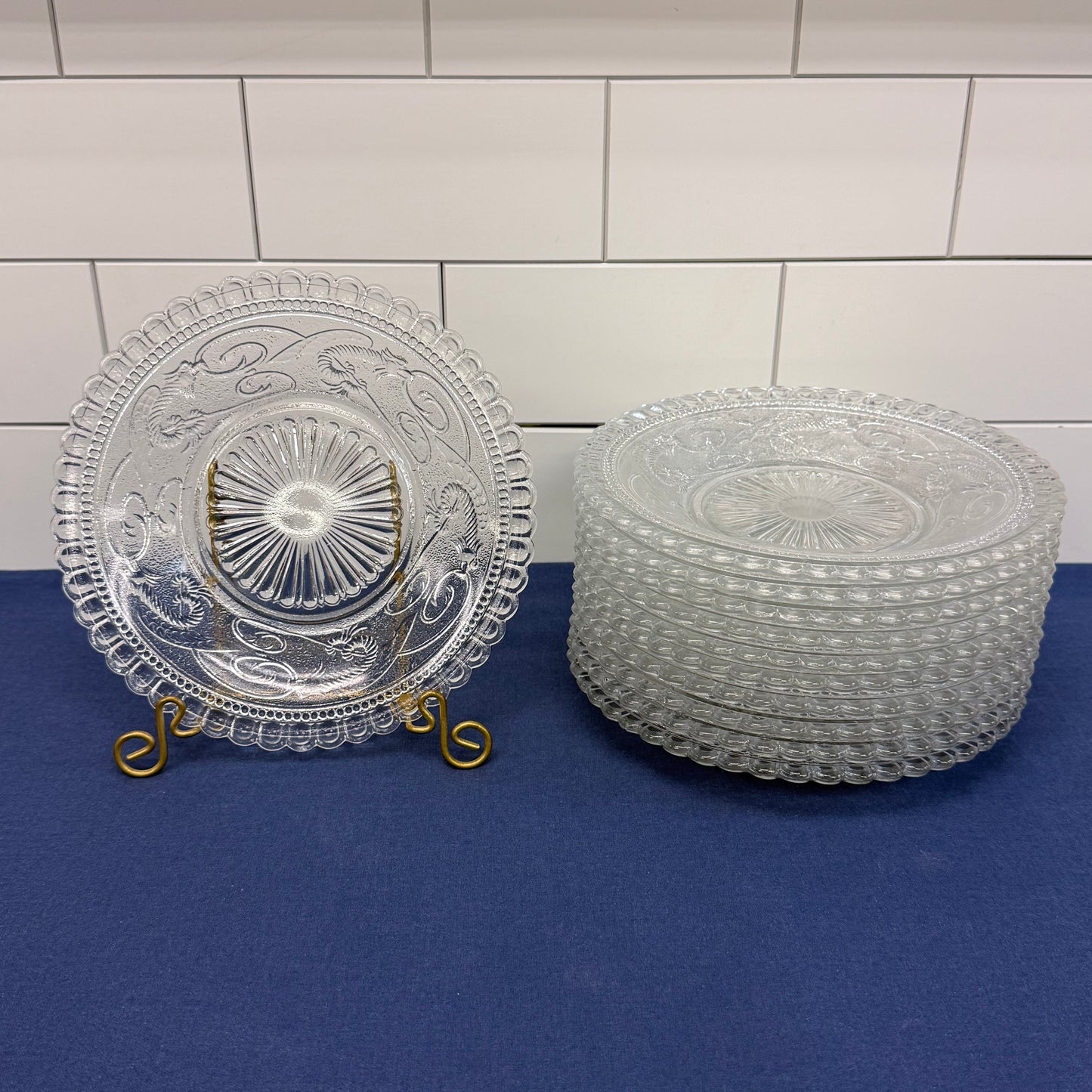 Vintage Dragon Motif Pressed Glass Plates Set of 11 Clear Dessert Plates
