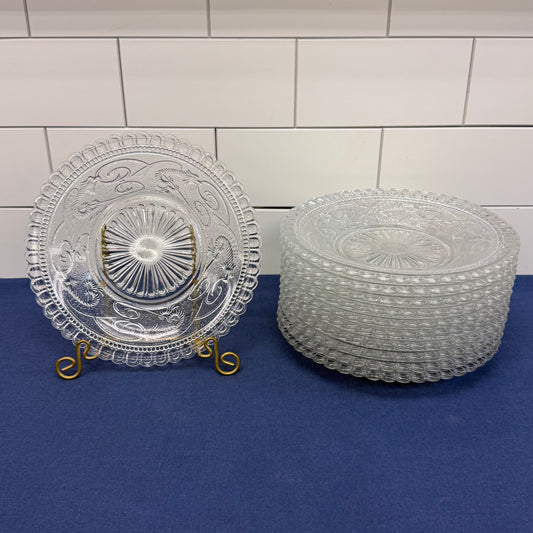 Vintage Dragon Motif Pressed Glass Plates Set of 11 Clear Dessert Plates