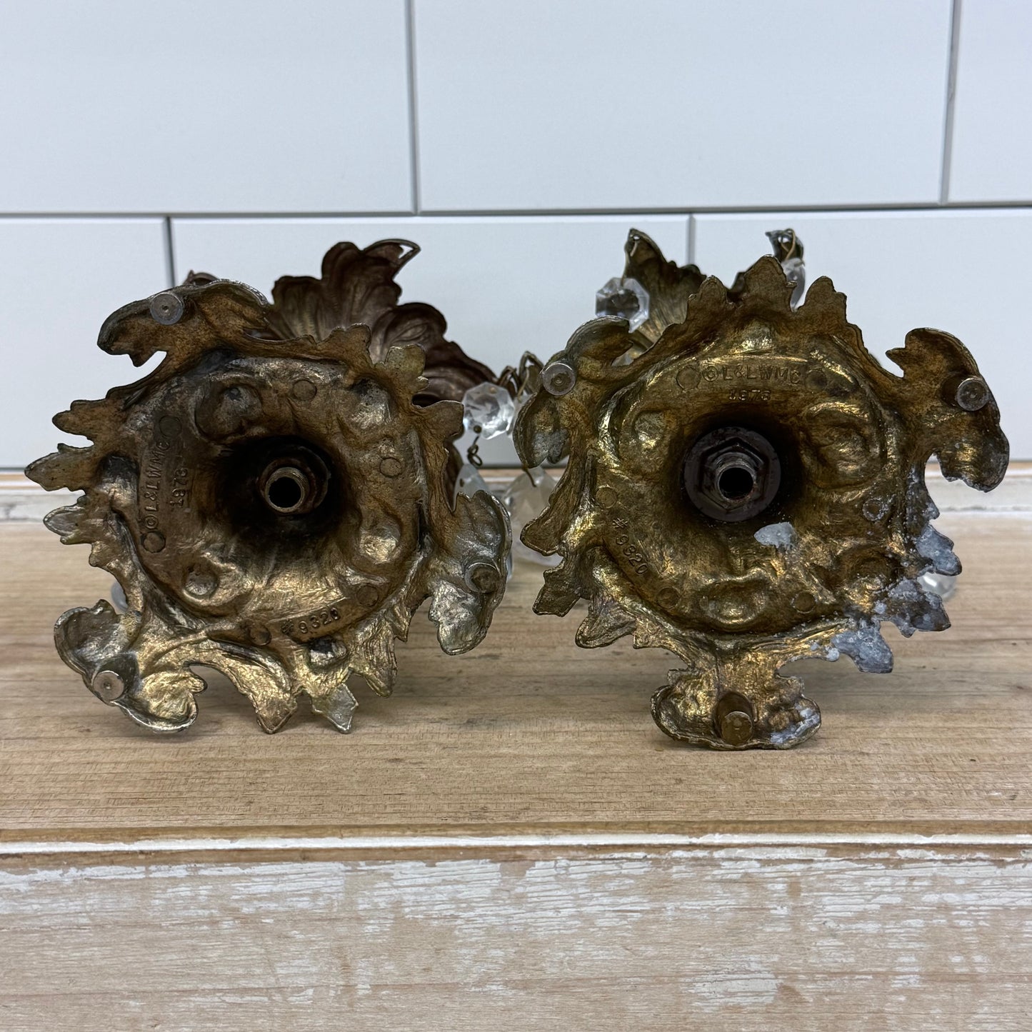 L&L WMC Brass Crystal Prism Candlestick Holders Set of 2 1973