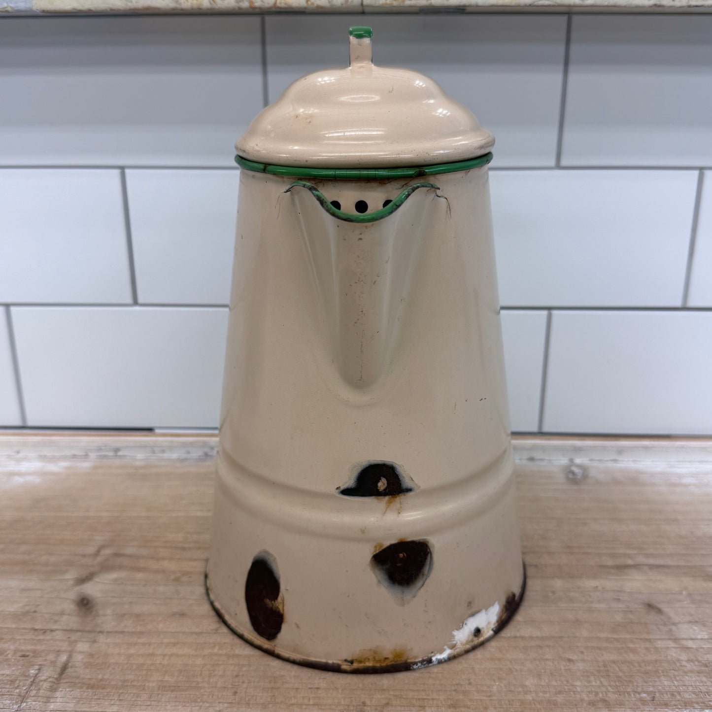 Farmhouse Cream Green Enamelware Coffee Pitcher