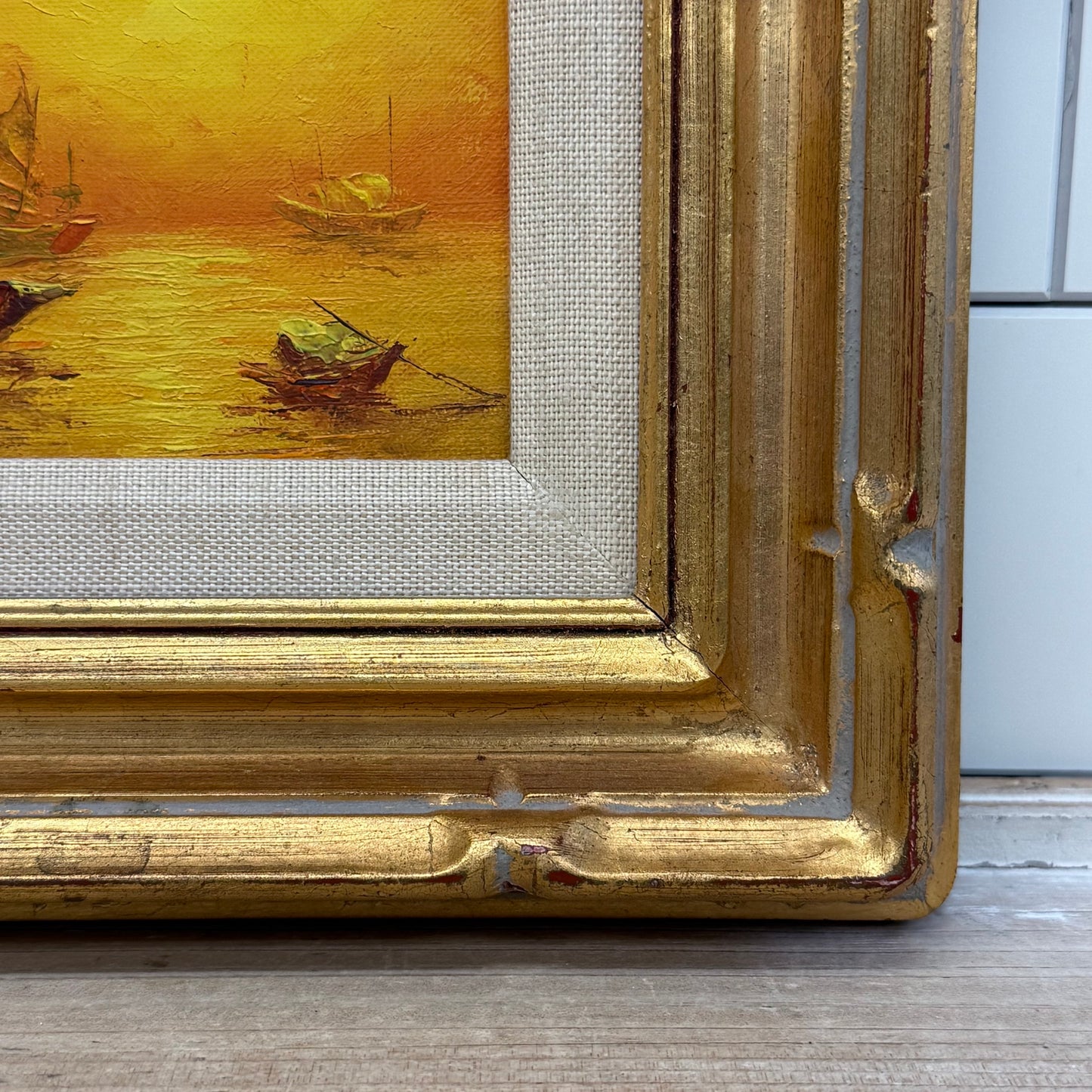 Sunset Junk Ships Original Oil Painting, Signed N.T. Fung