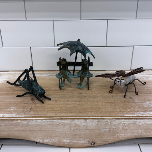 Brass Frog Grasshopper Butterfly Figurine Decor Lot Set of 3