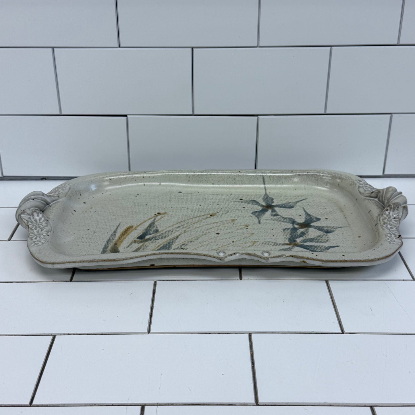 Studio Art Pottery Floral Serving Tray Signed Stoneware