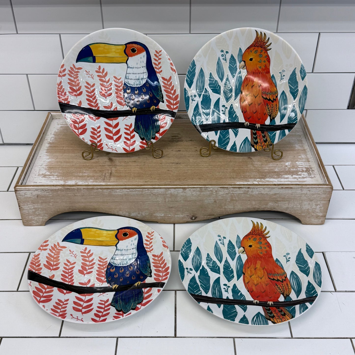 Pier 1 Tropical Bird Stoneware Salad Plates Set of 4 2010s