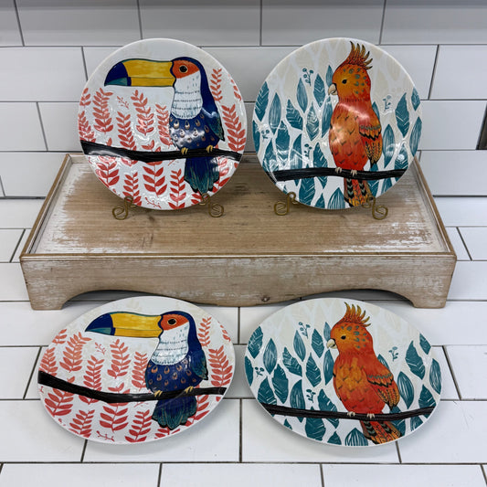 Pier 1 Tropical Bird Stoneware Salad Plates Set 2010s