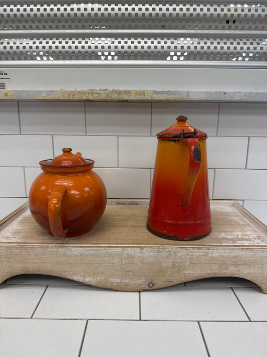 Orange Enamelware Coffee Pot & DRU Teapot Set Vintage