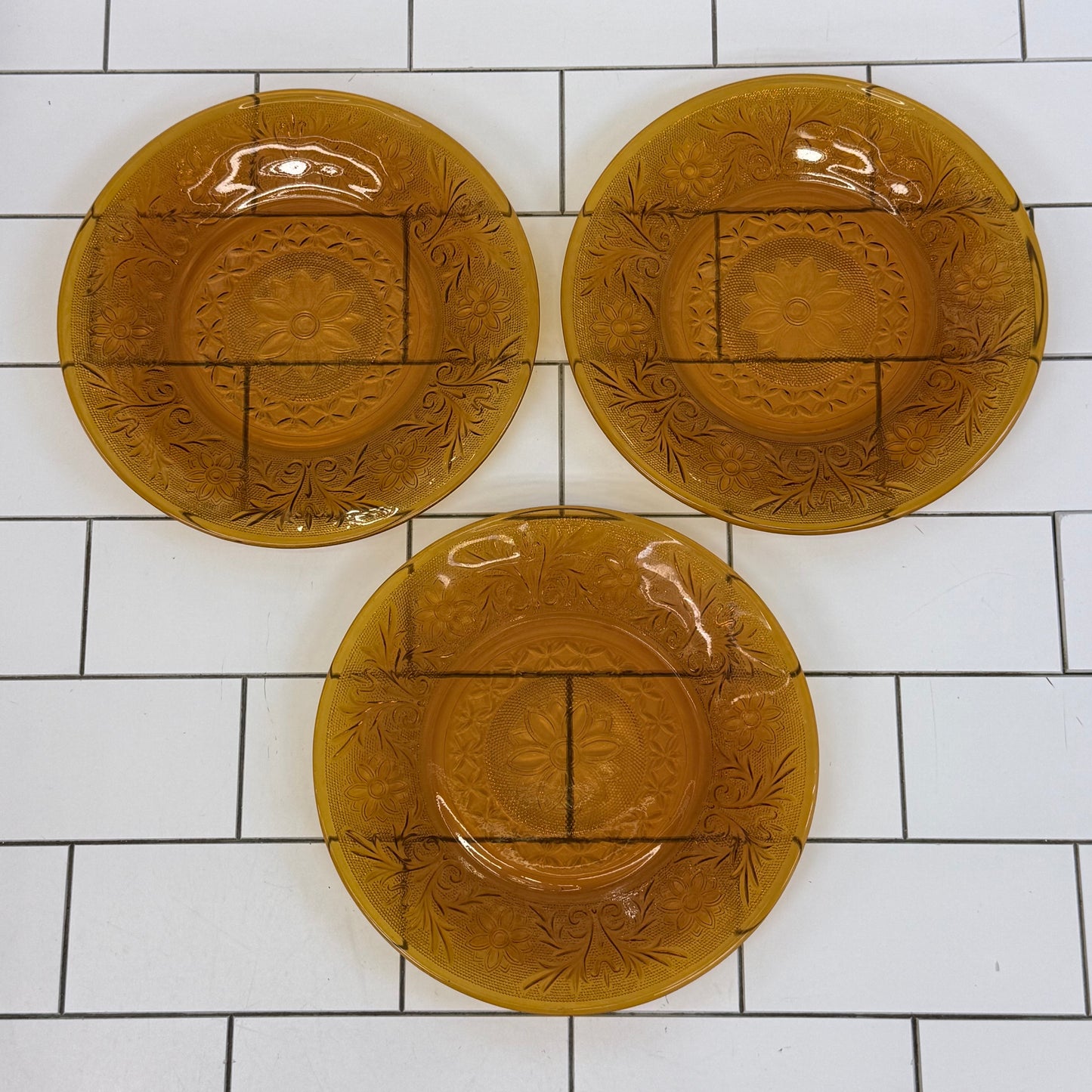 Indiana Glass Golden Amber Floral Plates Set of 3 Vintage 1970s