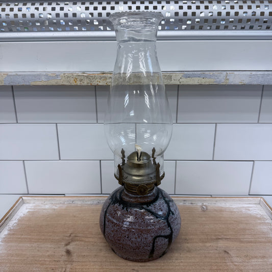 Stoneware Oil Lamp with Chimney Rustic Cottage Decor