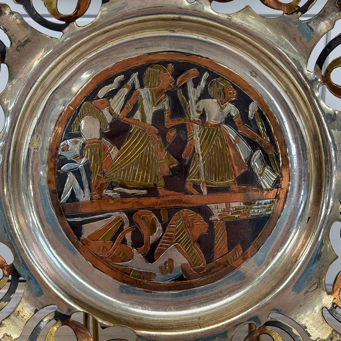 Vintage 1960s Mixed Metal Egyptian Revival Wall Plate 10” Diameter