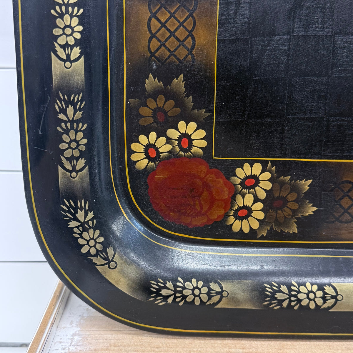 Floral Stenciled Tin Tray Black Gold Toleware Vintage 1970s